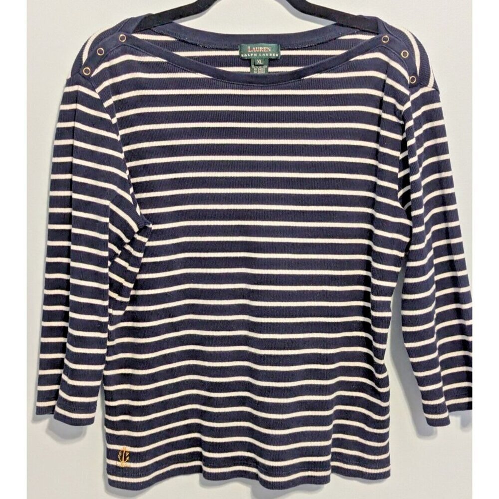Ralph Lauren Women 3/4 Sleeve Boat Neck Size XL Cotton Casual Shirt Snap buttons